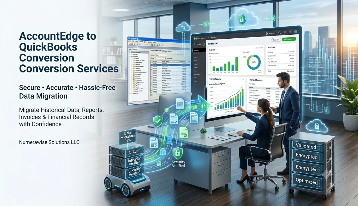 AccountEdge to QuickBooks Conversion Services - secure, accurate, hassle-free migration of historical data, reports, invoices and financial records, validated and encrypted