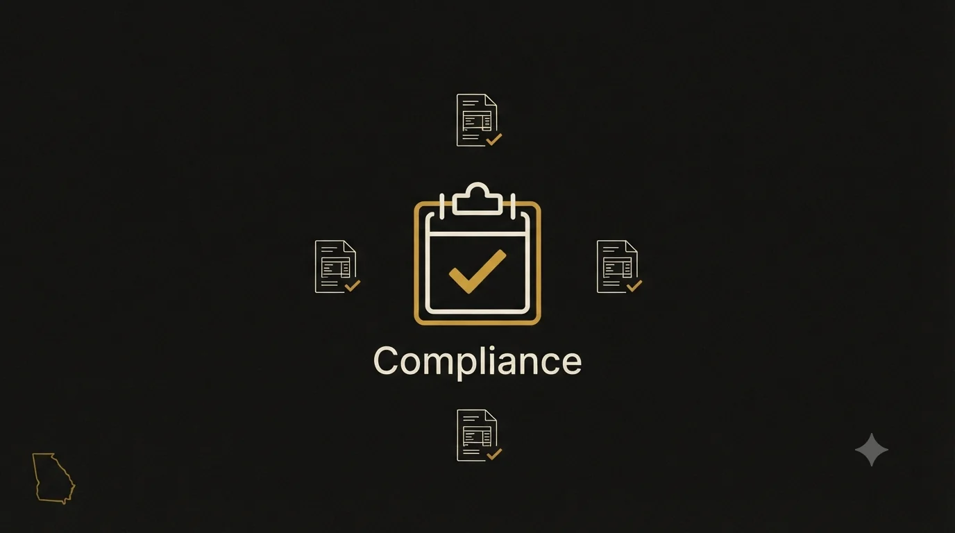 A calendar with a checkmark surrounded by four tax-form icons and a Georgia state outline, labeled Compliance - the payroll filing deadlines Georgia employers must meet.