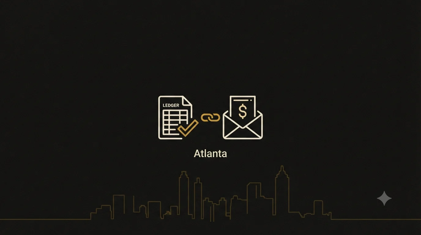 A ledger with a checkmark linked to a paycheck envelope over an Atlanta skyline - outsourced accounting and payroll handled together for Atlanta businesses.