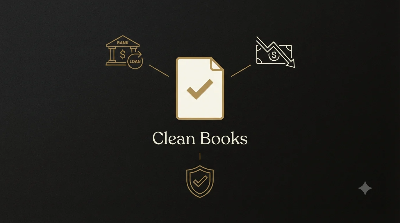 A clean document with a gold checkmark branching to a bank loan icon, a downward dollar (lower CPA bill), and a shield (audit protection) - what clean books unlock.