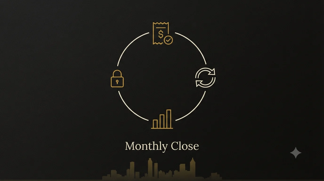 A circular monthly bookkeeping cycle over an Atlanta skyline - record a receipt, reconcile with matching arrows, report with a bar chart, then lock the month with a padlock, labeled Monthly Close.