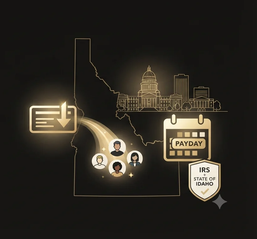 Direct-deposit paychecks flowing to a group of Boise employees over an outline of Idaho with the state capitol and Boise skyline, beside a gold payday calendar and an IRS + State of Idaho compliance shield.