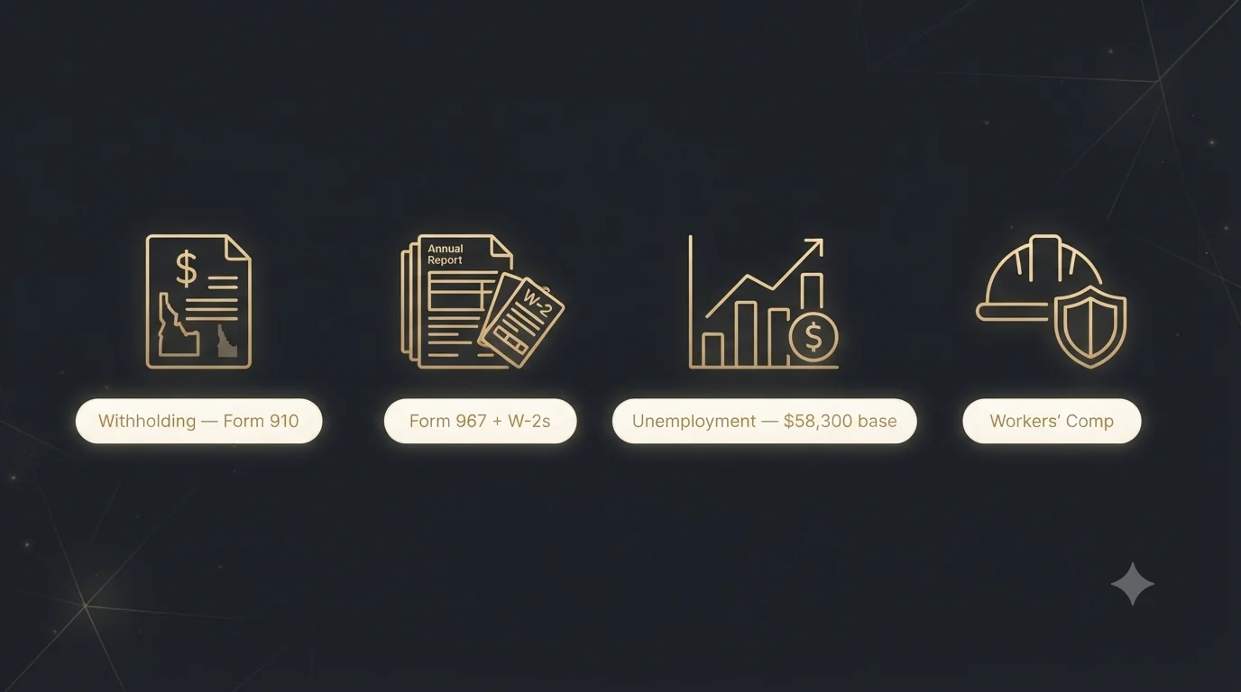 Four gold icons of Idaho payroll obligations: withholding on Form 910, the annual Form 967 reconciliation with W-2s, unemployment insurance on the $58,300 wage base, and workers compensation.