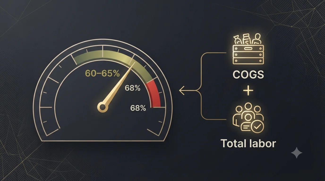 A gold gauge with the needle in a healthy 60 to 65 percent zone and a red danger band past 68 percent, fed by a COGS food-crate icon plus a total-labor icon - showing that prime cost equals cost of goods sold plus total labor cost.