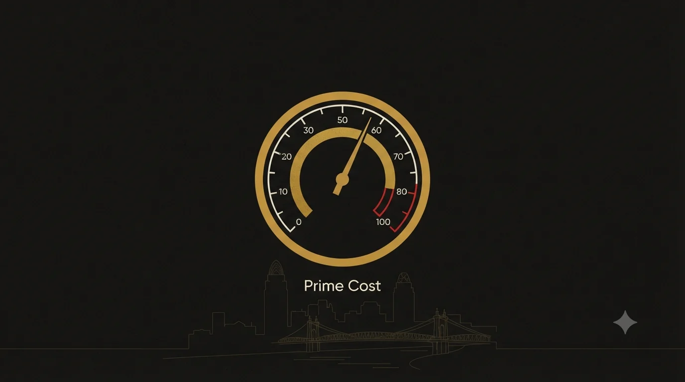 A gold gauge with the needle near 60 in a safe band and a red danger arc past the high end, over a Cincinnati skyline with river bridges, labeled Prime Cost.