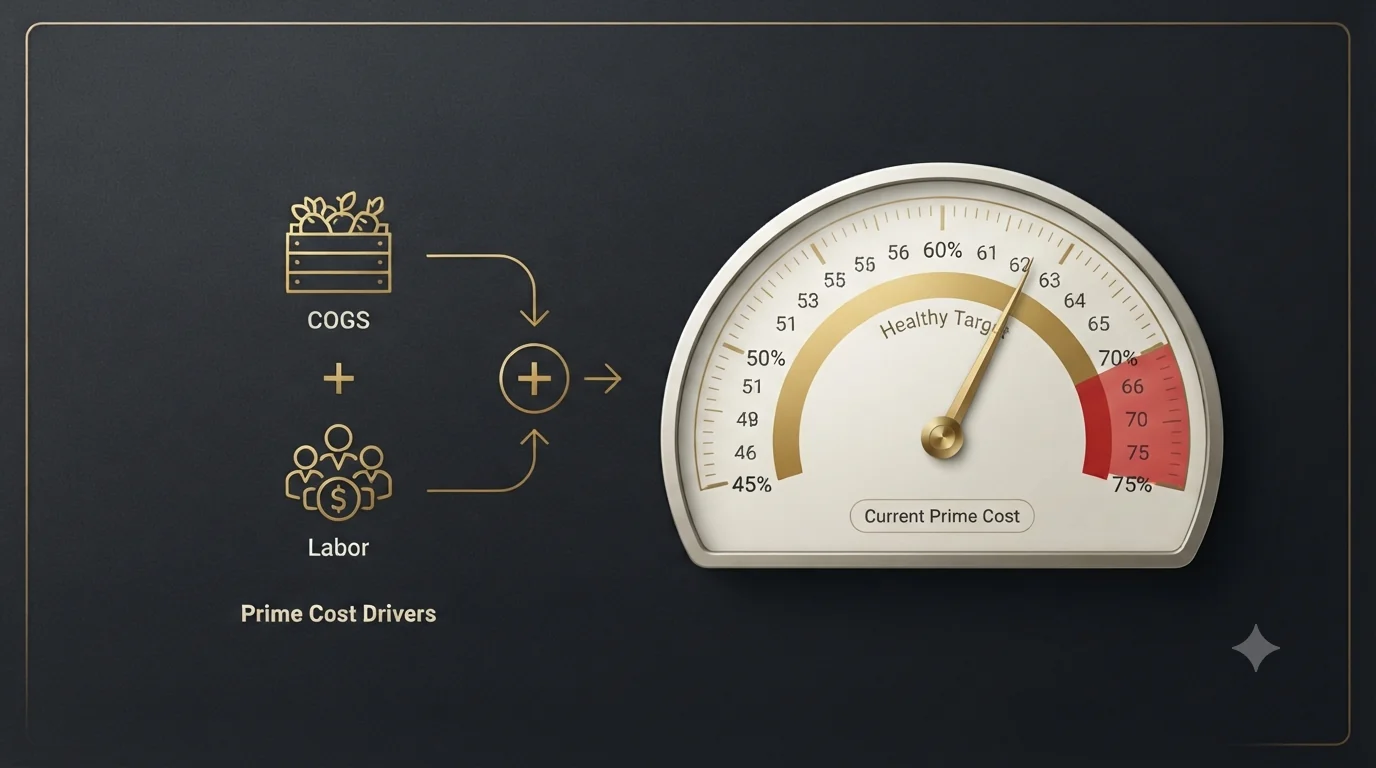 A gold gauge with the needle in a healthy 60 to 65 percent target zone and a red danger band past about 68 percent, fed by a COGS food-crate icon plus a labor icon - showing prime cost equals cost of goods sold plus total labor.