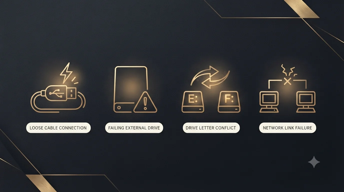 Four gold line-icons showing the common causes of QuickBooks error 0x800701b1: loose cable connection, failing external drive, drive letter conflict (E: changing to F:), and network link failure between two computers.