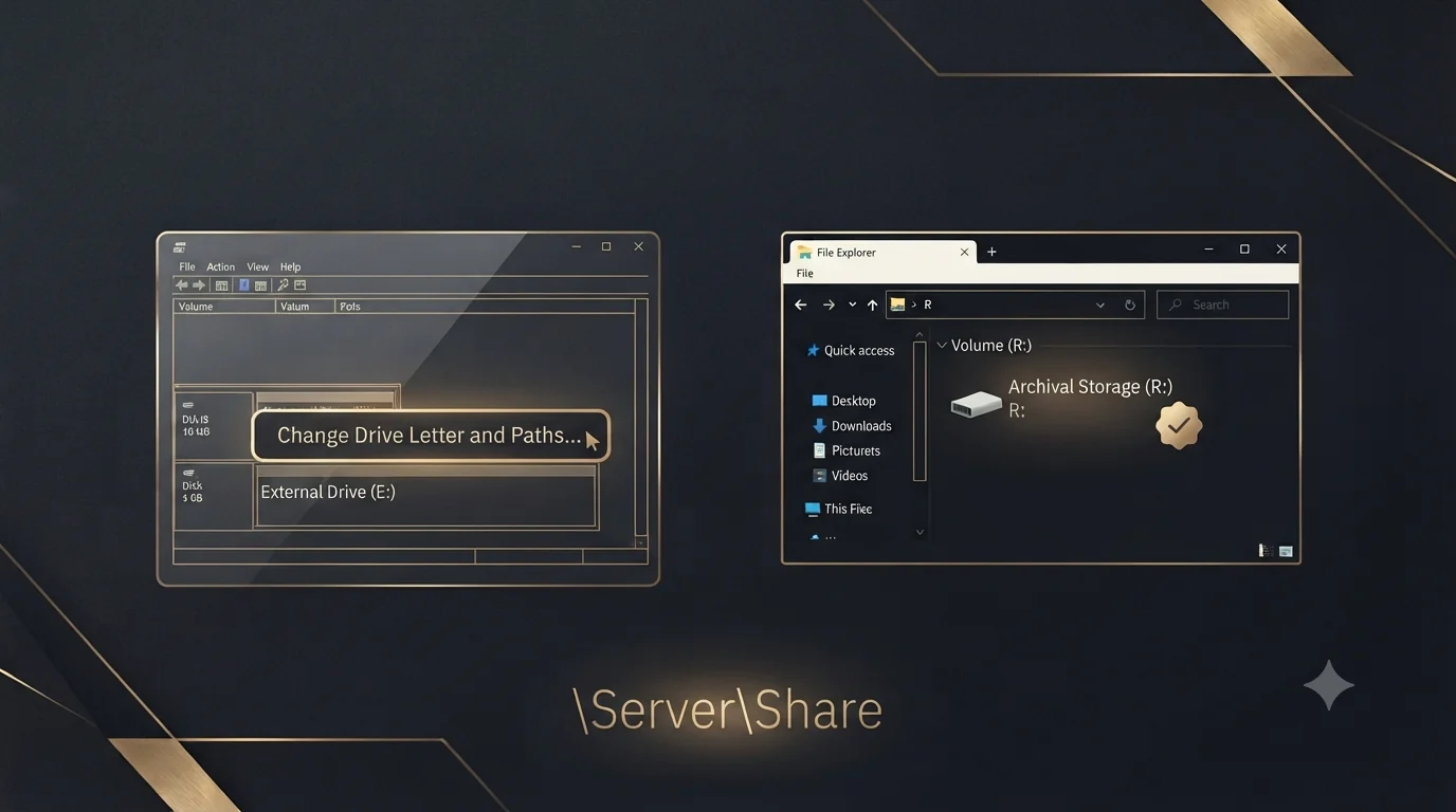 Windows Disk Management and File Explorer side by side: the 'Change Drive Letter and Paths' option on an external drive (E:) and a permanent letter R: assigned to Archival Storage, with a UNC path \\Server\Share shown below.