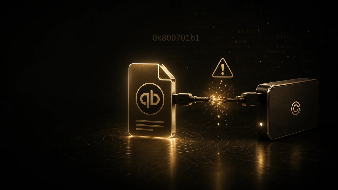 A glowing gold QuickBooks company-file icon connected by a sparking, broken USB cable to an external hard drive, with a gold warning triangle and the code 0x800701b1 in the background - illustrating a broken storage path between Windows and the drive.