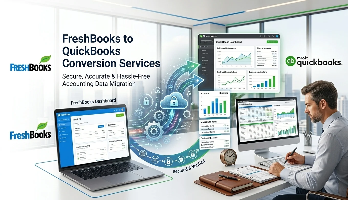 FreshBooks to QuickBooks conversion services - secure, accurate, verified accounting data migration from FreshBooks to a QuickBooks dashboard