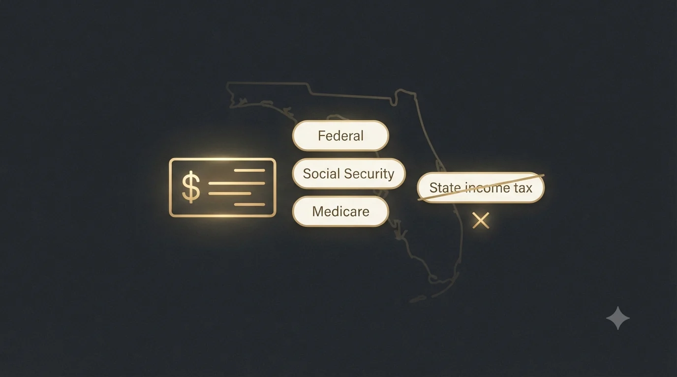 A paycheck with three kept deduction chips - Federal, Social Security, and Medicare - and a State income tax chip struck out over an outline of Florida, showing that Florida has no state income tax to withhold.