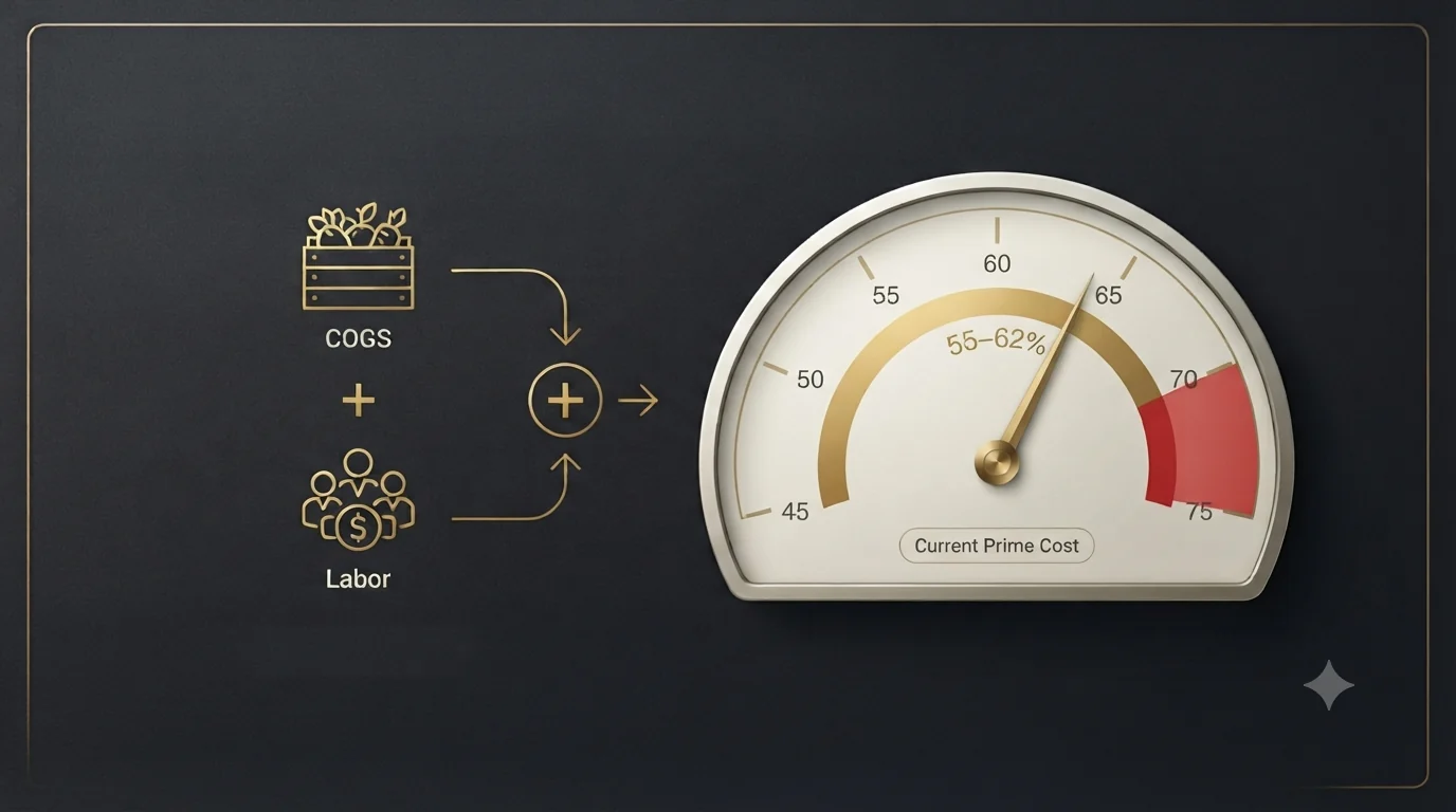 A gold gauge with the needle in a healthy 55 to 62 percent target zone and a red danger band past 65 percent, fed by a COGS food-crate icon plus a labor icon - showing prime cost equals cost of goods sold plus total labor.