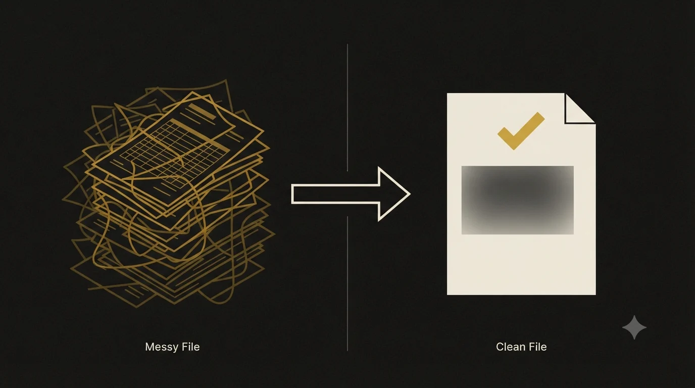 A tangled stack of messy ledger pages on the left and a single clean document with a gold checkmark on the right, labeled Messy File and Clean File - the before and after of a QuickBooks cleanup.