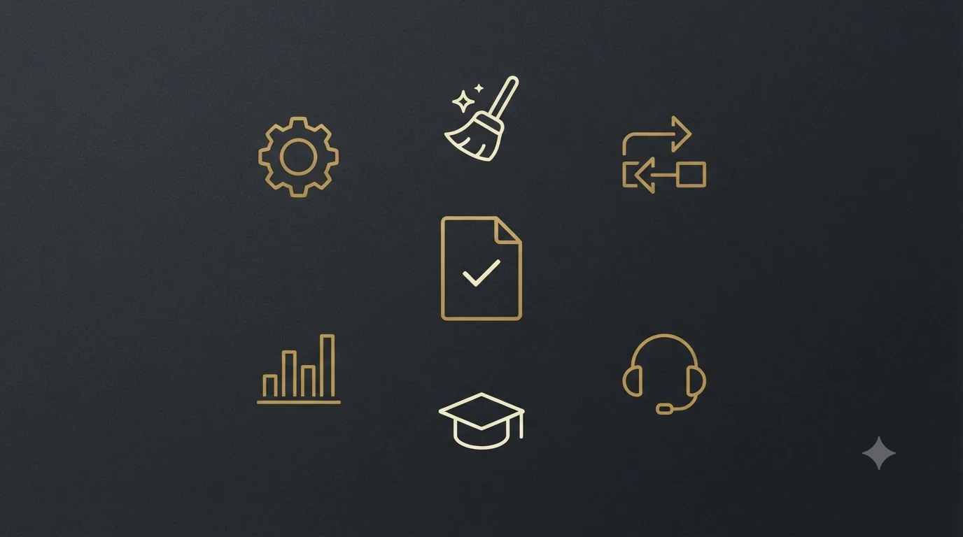 Six line icons around a central file with a checkmark - a gear for setup, a broom for cleanup, arrows for migration, a bar chart for reporting, a graduation cap for training, and a headset for ongoing support.
