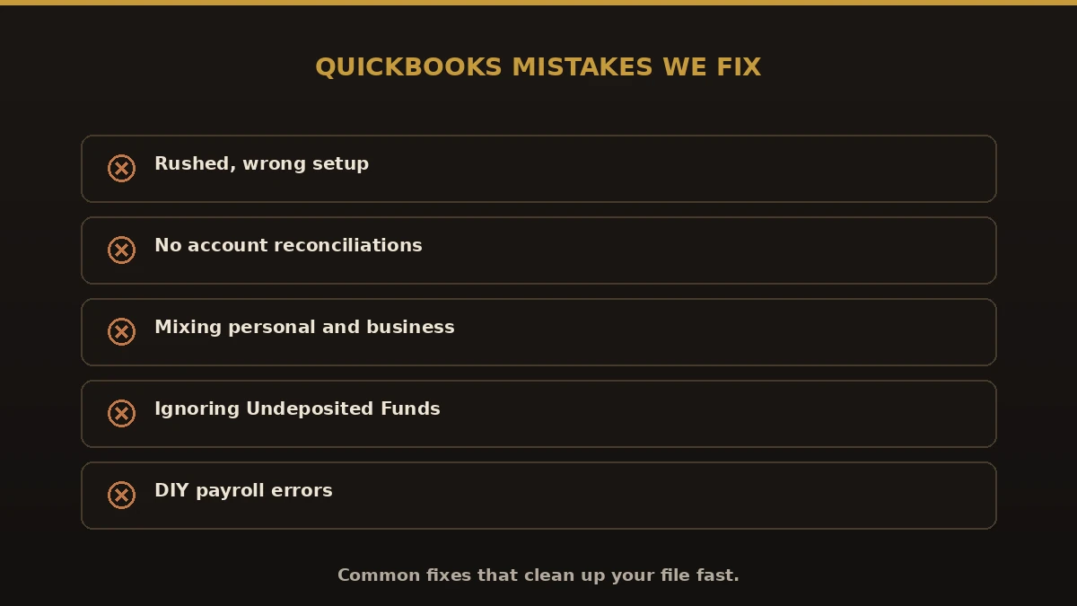 Common QuickBooks mistakes we fix: wrong setup, no reconciliations, mixing personal and business, Undeposited Funds, DIY payroll errors