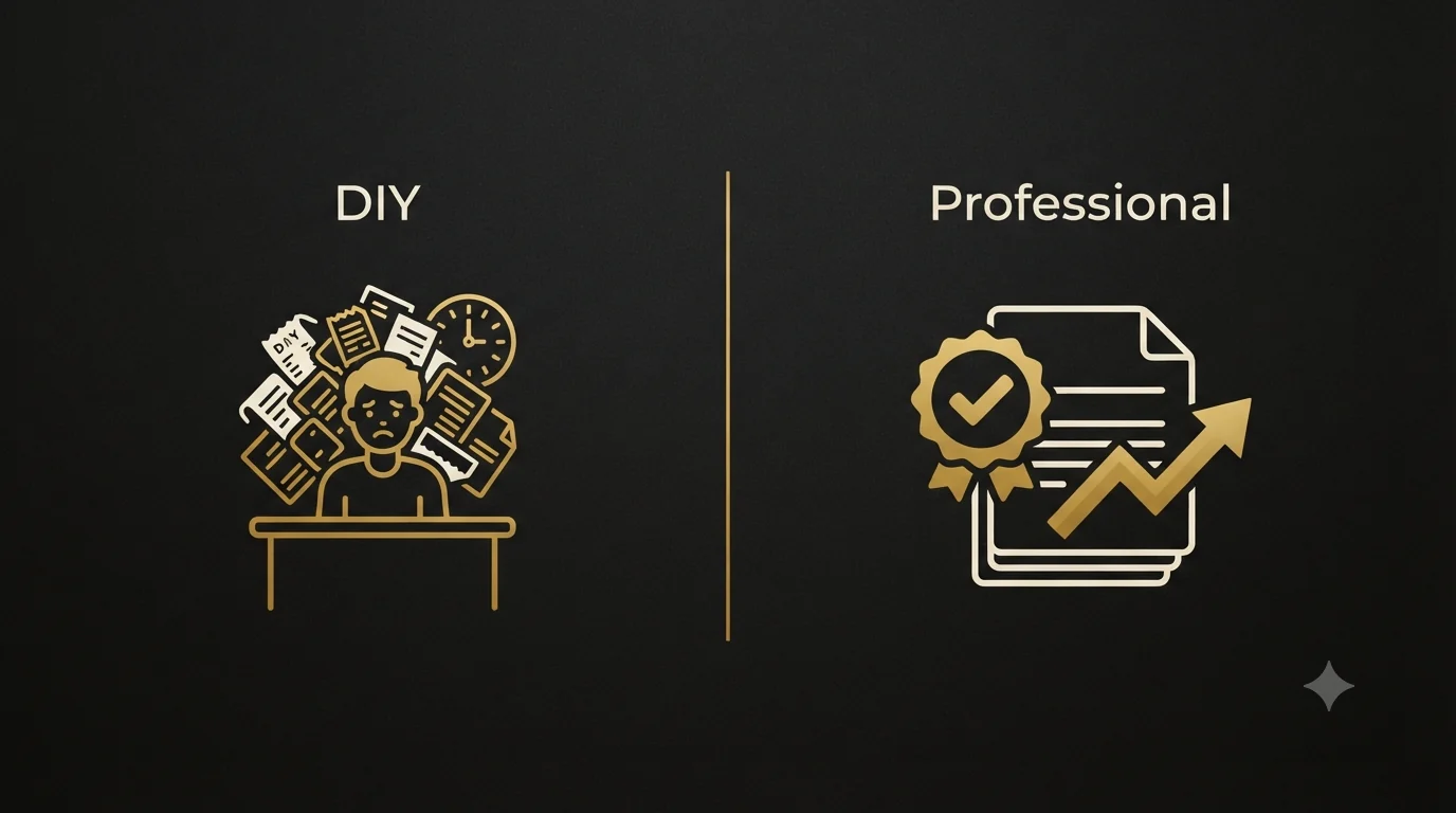 Split comparison: a stressed owner buried in papers and a clock labeled DIY on the left, and a clean certified report with an upward arrow labeled Professional on the right.