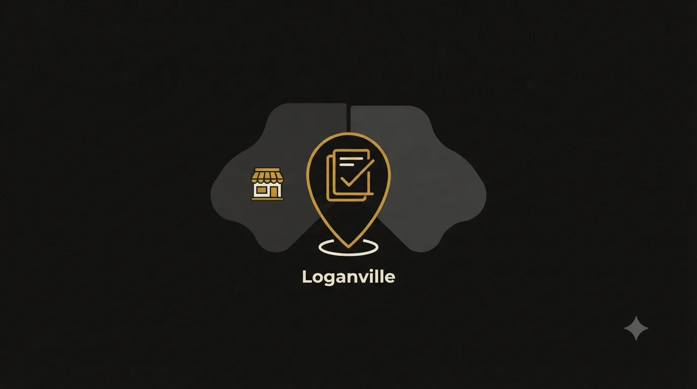 A ledger-with-checkmark map pin over two adjoining county regions with a Main Street storefront, labeled Loganville - local bookkeeping across Gwinnett and Walton counties.