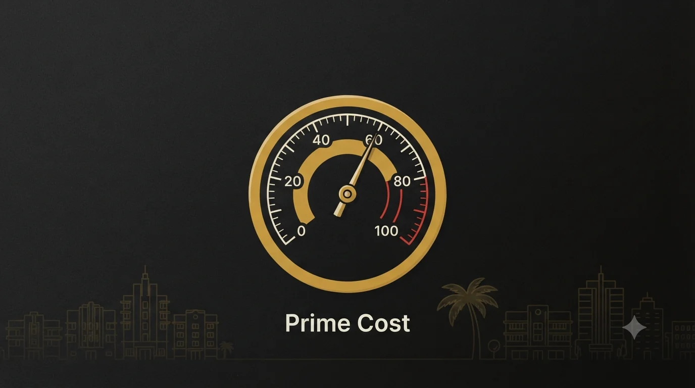 A gold gauge with the needle near 60 in a safe band and a red danger arc past the high end, over a Miami skyline with palm trees, labeled Prime Cost.