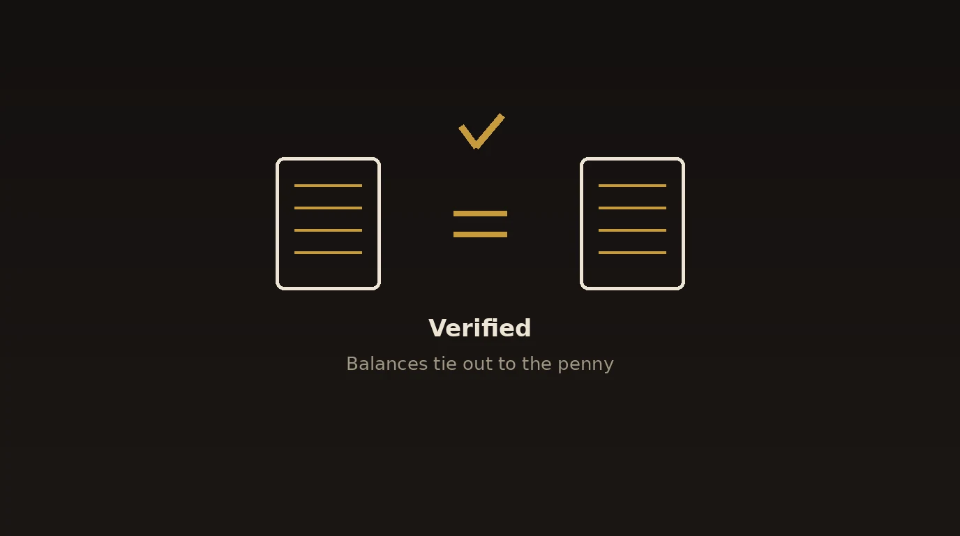 Two reports matched with a checkmark, showing verified balances after an Excel to QuickBooks migration.