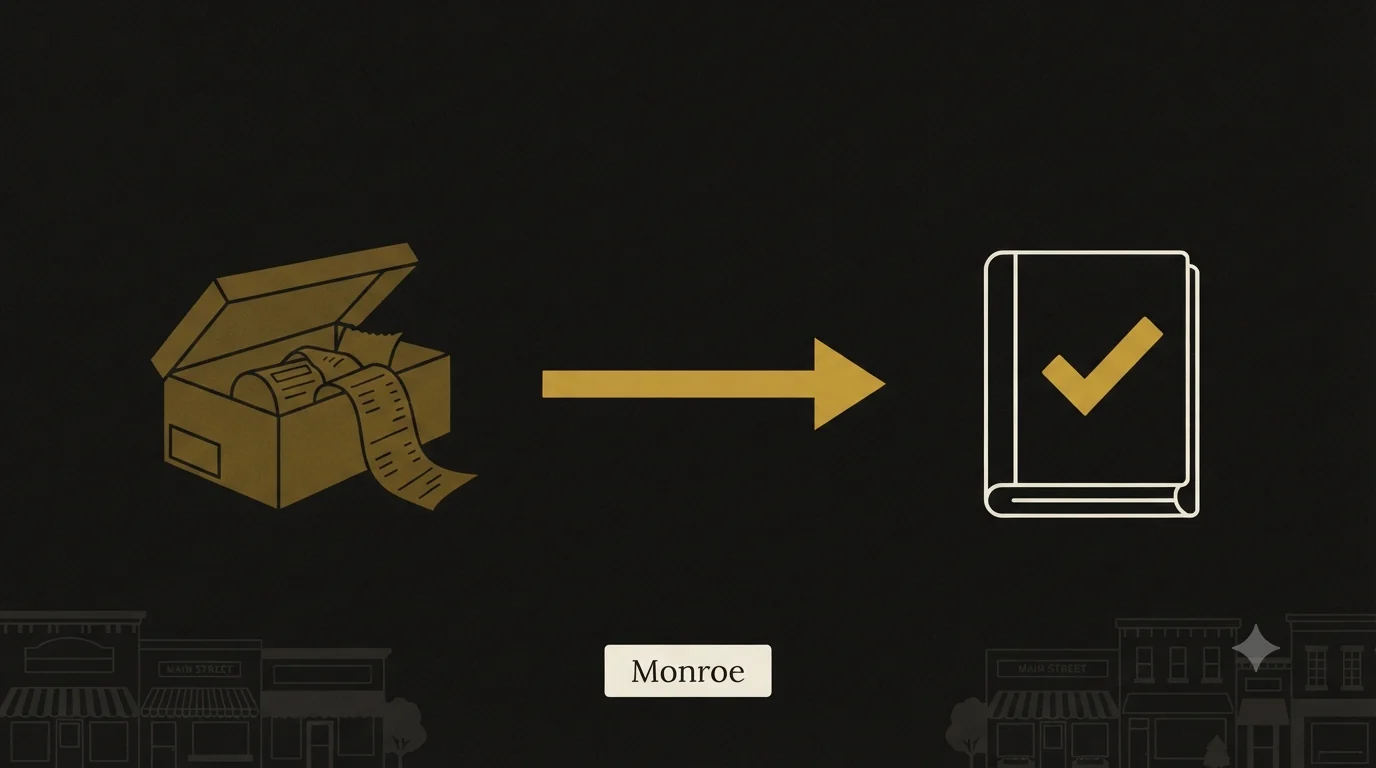 A messy shoebox spilling receipts on the left, a gold arrow, and a clean ledger with a gold checkmark on the right, over a Monroe Main Street silhouette - turning a mess into books you can trust.