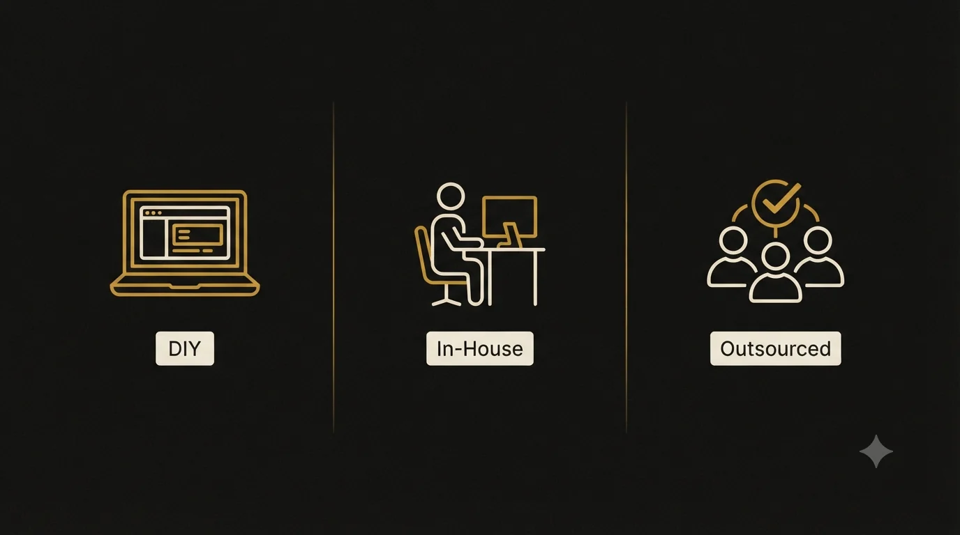 Three panels - a laptop for DIY, a person at a desk for In-House, and a checkmarked team for Outsourced - the three ways a Monroe business can run its books.