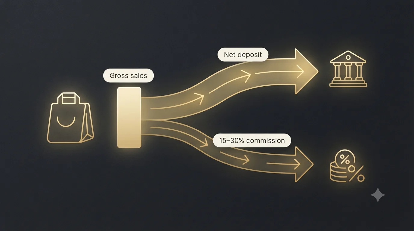 A gold flow diagram: gross sales from a delivery bag split into a large net deposit going to the bank and a 15 to 30 percent commission going to a fee icon - showing why the net deposit is not your sales figure.