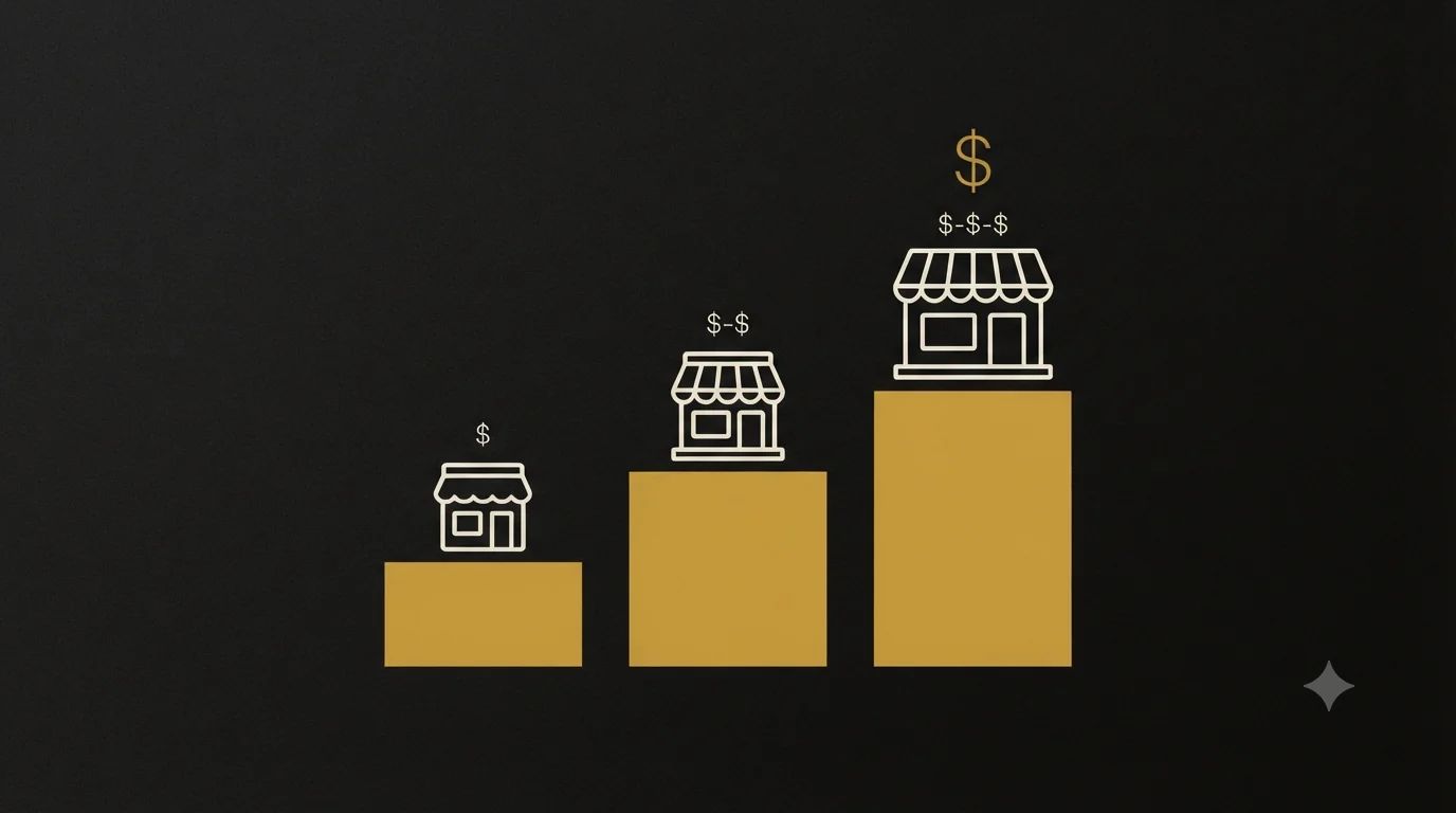 Three ascending gold bars topped with storefront icons growing in size and dollar marks - showing outsourced bookkeeping cost rising with business size from solo to established.