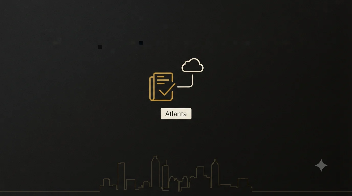 A ledger with a checkmark linked to a cloud icon over an Atlanta skyline - outsourced bookkeeping handled remotely for Atlanta businesses.