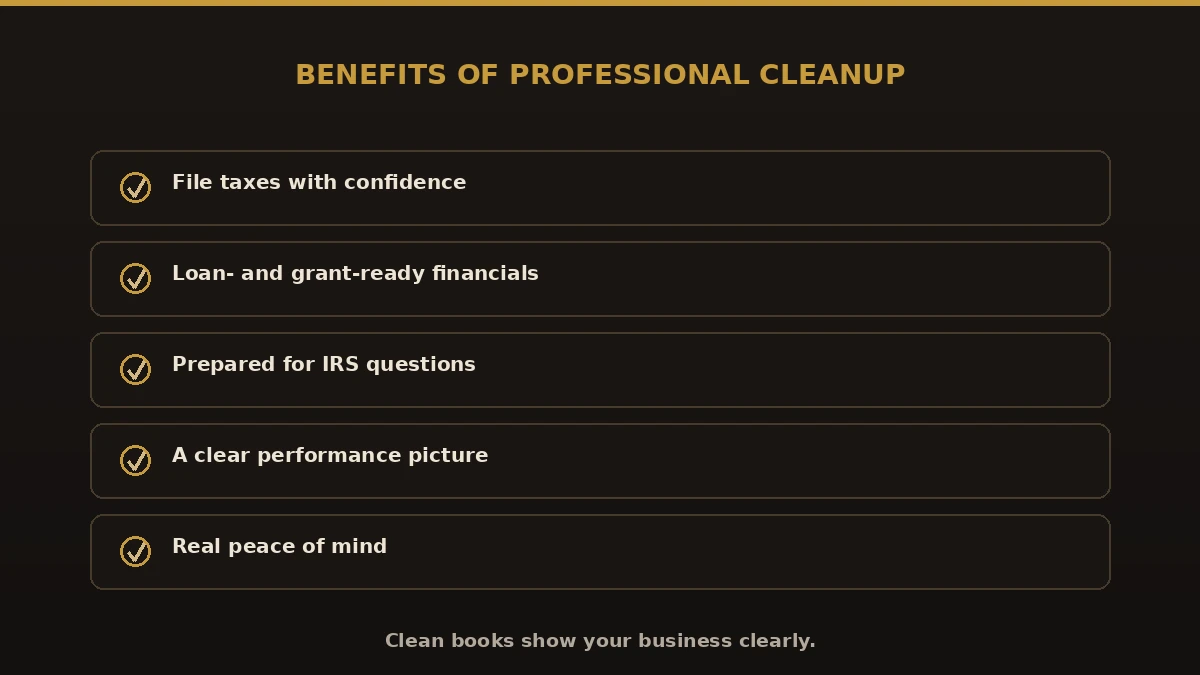 Benefits of professional bookkeeping cleanup: file taxes with confidence, loan-ready financials, prepared for IRS, clear performance picture, peace of mind