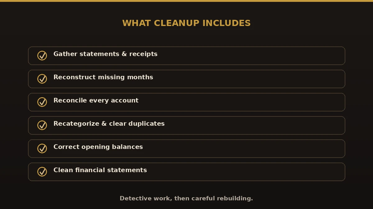 What overdue bookkeeping cleanup services include: gather statements, reconstruct missing months, reconcile accounts, recategorize, correct balances, clean statements