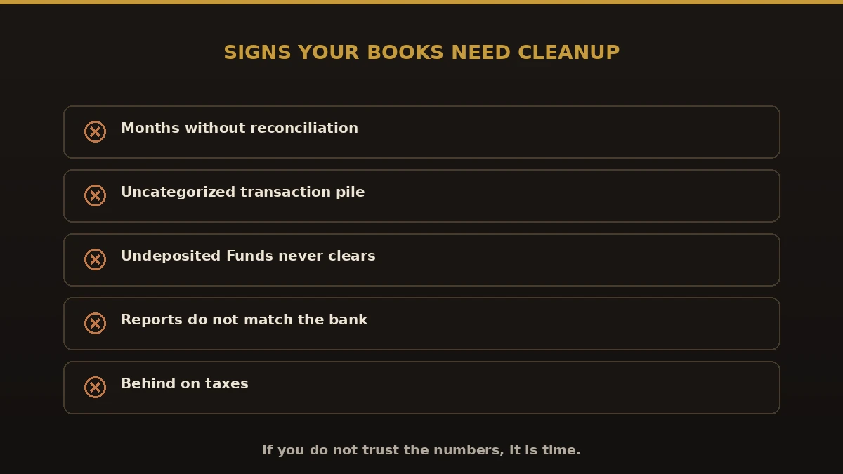 Signs your books need cleanup: months without reconciliation, uncategorized transactions, Undeposited Funds, reports not matching bank, behind on taxes