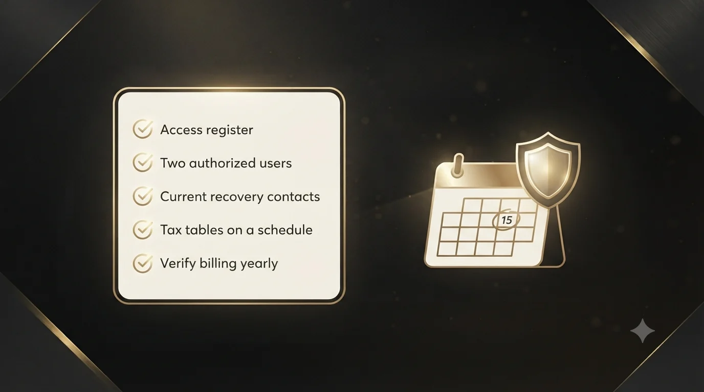 A gold checklist card on a dark background listing payday-lockout prevention steps: access register, two authorized users, current recovery contacts, tax tables on a schedule, and verify billing yearly, beside a calendar with a protective shield.