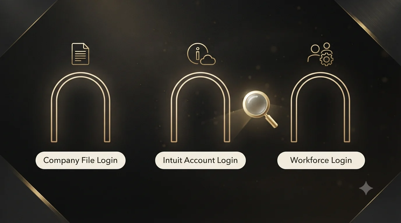 Three gold gateways side by side representing the three QuickBooks Desktop payroll logins - Company File Login, Intuit Account Login, and Workforce Login - with a magnifying glass hovering between them to diagnose which one is failing.