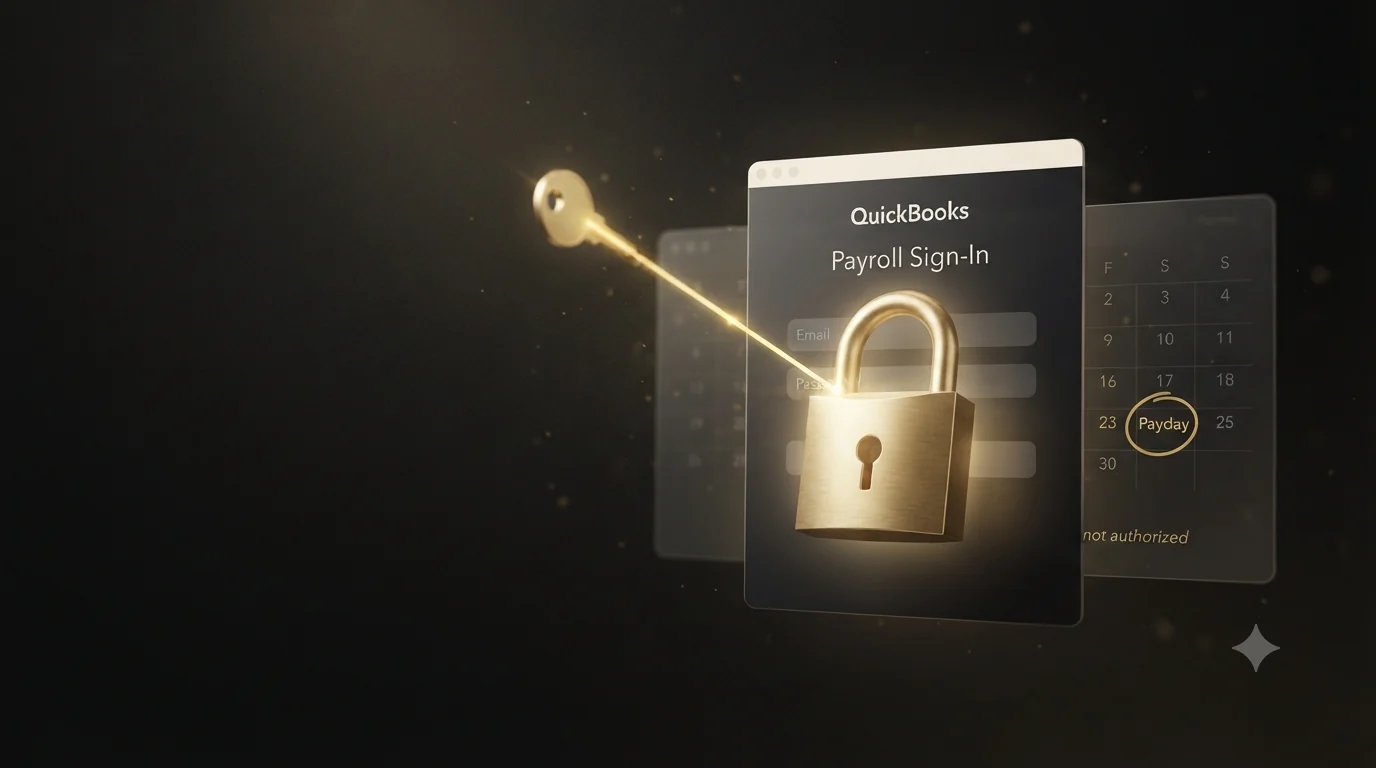 A glowing gold padlock over a QuickBooks payroll sign-in window, with a gold key beam pointing at the lock, a calendar with payday circled, and a dimmed 'not authorized' message - illustrating being locked out of payroll before payday.