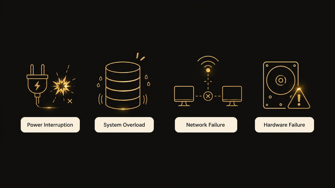 Four common causes of QuickBooks file corruption shown as gold icons: power interruption, system overload from oversized files, network failure in multi-user mode, and hardware failure.