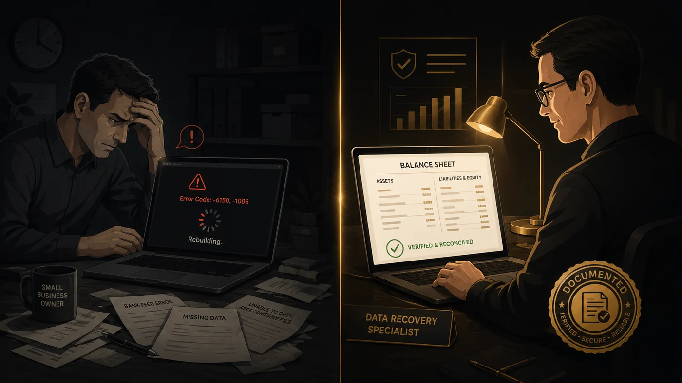 Split-screen comparison: a stressed small business owner facing QuickBooks error codes -6150 and -1006 with a rebuilding spinner, versus a data-recovery specialist reviewing a verified and reconciled balance sheet with a documented seal.