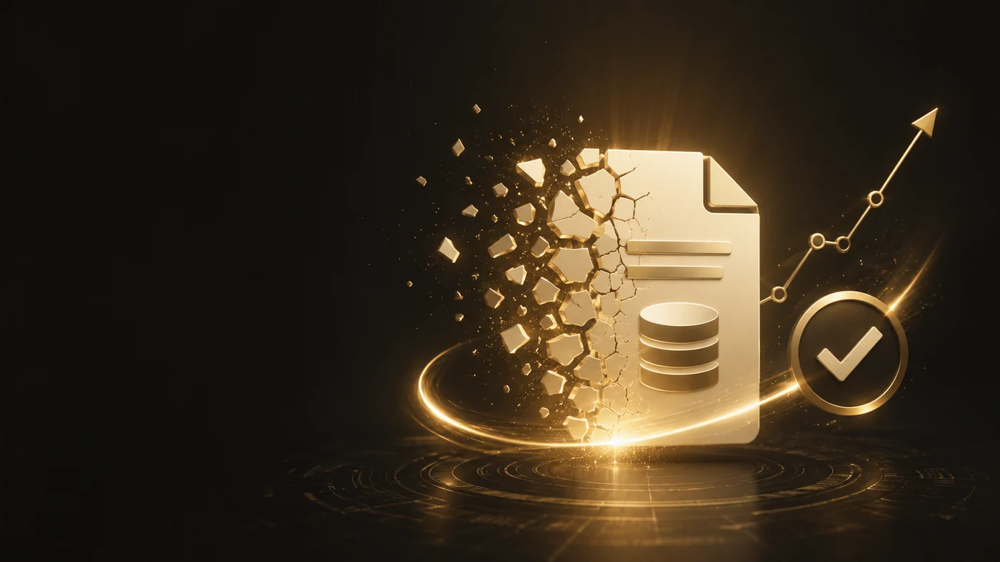A corrupted QuickBooks company file breaking into gold fragments and reassembling into a clean, verified file beside a green check mark and rising trend line.