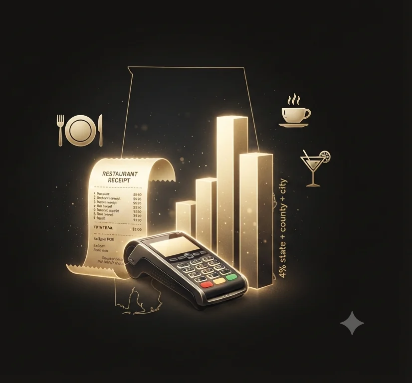 A glowing gold restaurant receipt and card terminal beside a rising bar chart and an Alabama state outline, with plate, coffee, and cocktail icons, showing that prepared food is taxed at the full 4% state rate plus county and city rates.