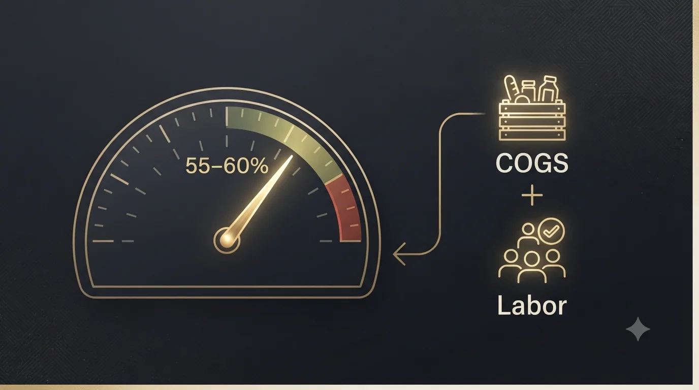 A gold gauge with the needle in a healthy 55 to 60 percent zone and a red warning band past 65 percent, fed by a COGS food-crate icon plus a labor icon - illustrating that prime cost equals cost of goods sold plus total labor.