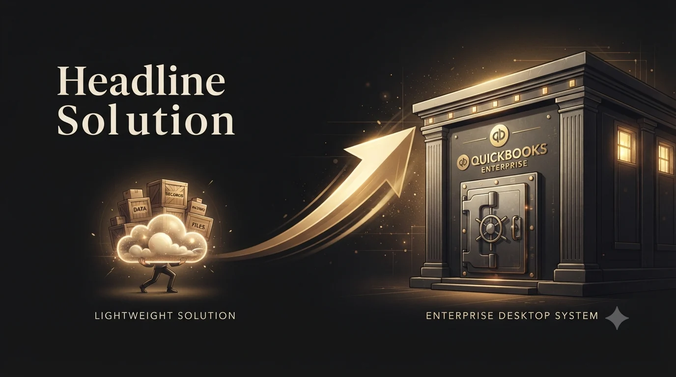 A figure carrying a glowing cloud stacked with boxes of data, records and files on the left, with a rising gold arrow leading to a solid QuickBooks Enterprise vault building on the right - illustrating outgrowing a lightweight cloud tool and moving to an enterprise desktop system.