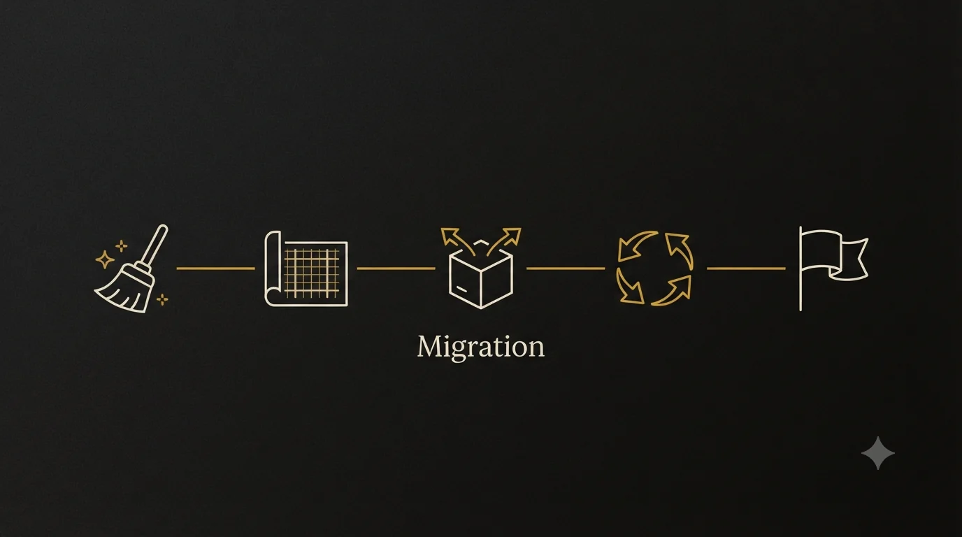 A left-to-right migration timeline of five icons - a broom for clean data, a blueprint for redesign accounts, a box with arrows for migrate data, two arrows for reconcile, and a flag for go live, labeled Migration.