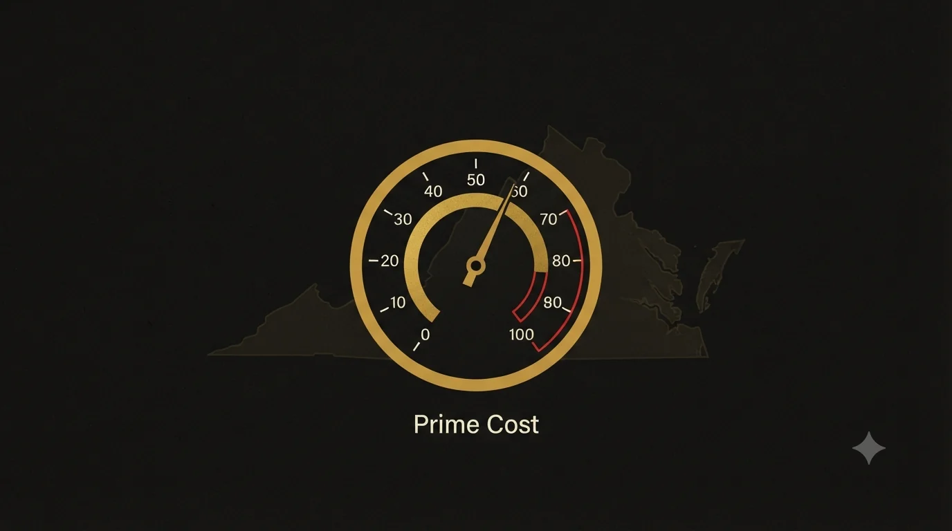 A gold gauge with the needle near 60 in a safe band and a red danger arc past the high end, over a Virginia state outline, labeled Prime Cost.