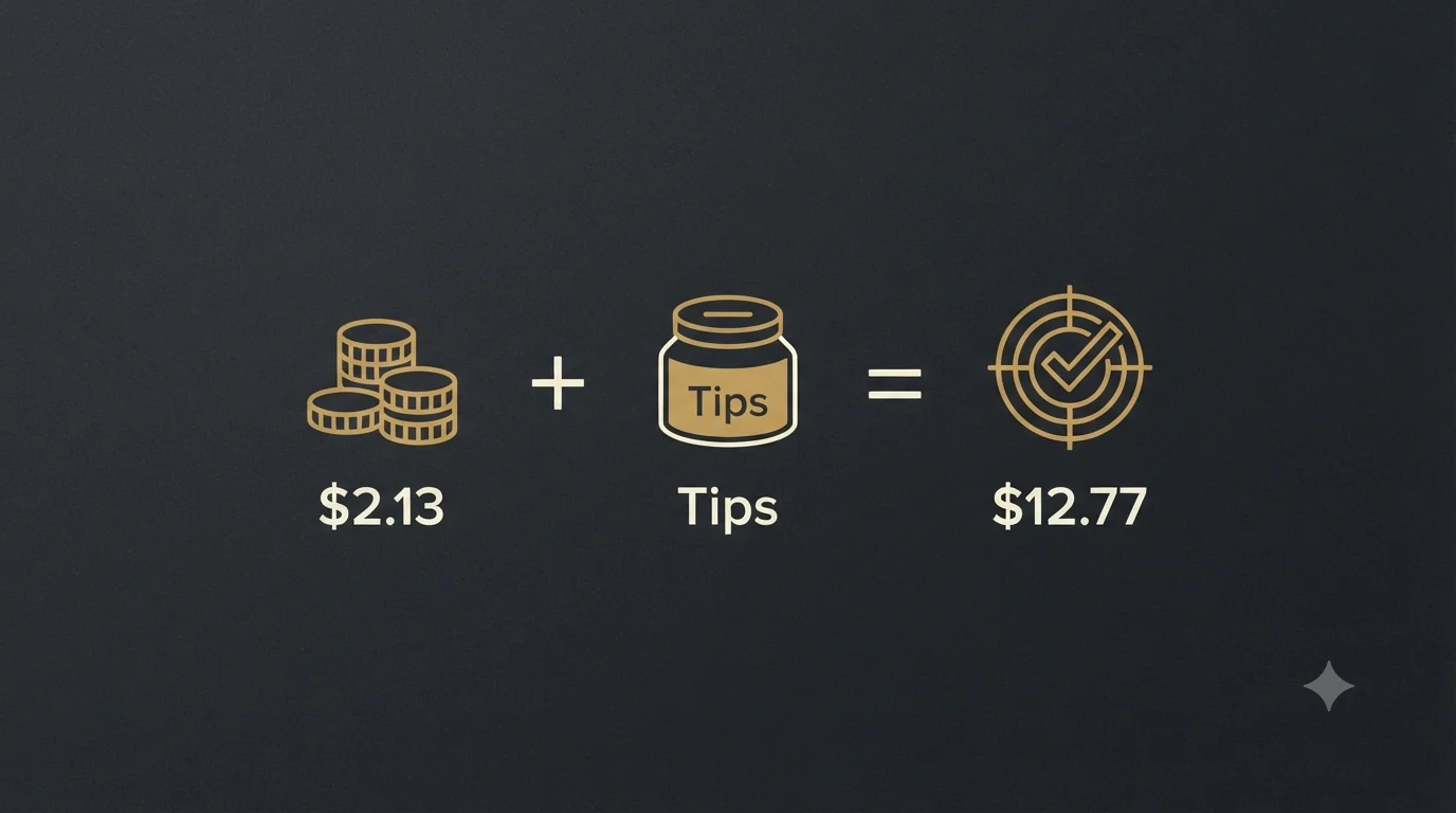 A tipped-wage equation: a .13 cash-wage coin stack plus a Tips jar equals a 2.77 target with a checkmark - tips must carry each worker to the full Virginia minimum wage.